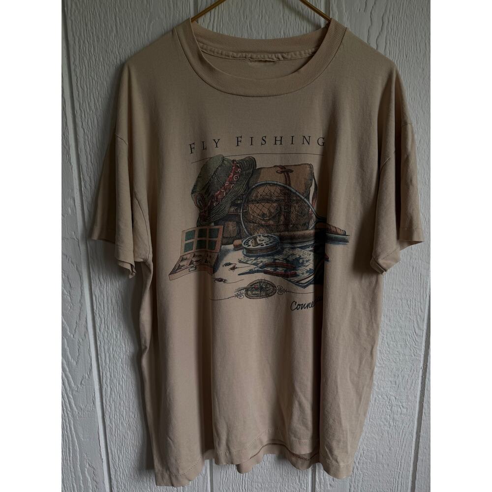 Vintage Single Stitch Fly Fishing Connecticut Graphic T Shirt Beige USA Made